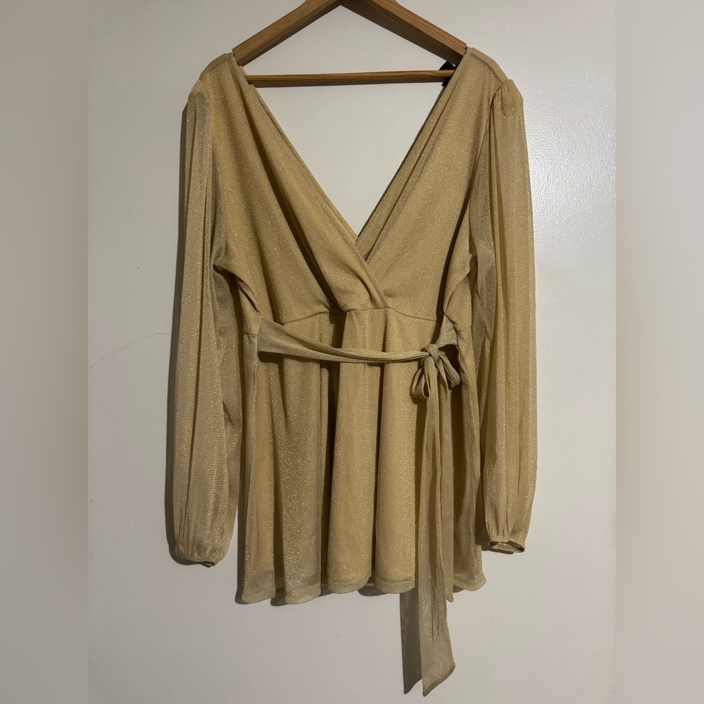 Torrid Elegant Gold Wrap Blouse size 2 long sleeve tie waist metallic